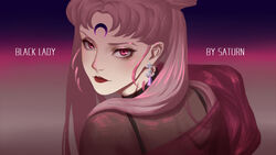  bishoujo_senshi_sailor_moon bishoujo_senshi_sailor_moon_r black_lady_(sailor_moon) chibi_usa choker commentary crescent crescent_facial_mark double_bun earrings facial_mark female forehead_mark gradient_background hair_bun highres jewelry lips lipstick long_hair looking_at_viewer looking_back makeup photoshop_(medium) pink_eyes pink_hair red_lips saturn_(satscarlet) see-through solo 