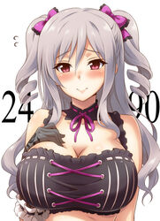  bikini black_gloves blush bow breasts cleavage commentary_request detached_collar drill_hair female floral_print gloves grey_hair hairbow idolmaster idolmaster_cinderella_girls kanzaki_ranko large_breasts long_hair looking_at_viewer photoshop_(medium) print_gloves red_eyes ribbon-trimmed_collar ribbon_trim simple_background solo swimsuit twin_drills two_side_up uraichishi white_background 