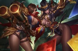  2girls breasts citemer cleavage gun hat league_of_legends malcolm_graves pantyhose rule_63 twisted_fate weapon 