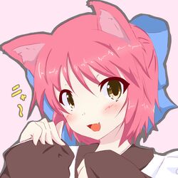  absurdres animal_ears blush bow cat_ears commentary_request female hair_ribbon hairbow highres japanese_clothes kimono kohaku_(tsukihime) maid oerba_yun_fang paw_pose pink_hair ribbon short_hair sleeves_past_wrists smile solo text_focus tsukihime wa_maid yasai_yuuki yellow_eyes 