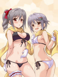  2girls ass bikini black_bikini blush breasts bridal_garter cleavage commentary_request drill_hair front-tie_top gloves grey_hair idolmaster idolmaster_cinderella_girls kanzaki_ranko koshimizu_sachiko large_breasts looking_at_viewer looking_back multiple_girls photoshop_(medium) red_eyes scarf shiny_skin side-tie_bikini_bottom skindentation smile string_bikini swimsuit twin_drills uraichishi white_bikini white_gloves 