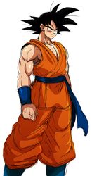  1boy baggy_pants black_hair dougi dragon_ball dragon_ball_z dragon_ball_z eric_lowery eyebrows highres male_focus muscle pants sash simple_background sleeveless solo son_gokuu spiked_hair tsurime wristband 