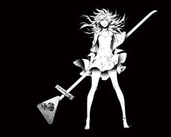  album_cover barefoot black_background breasts circle_name cleavage clothes_lift cover dress expressionless female floating_hair full_body greyscale heart holding jacket long_hair looking_at_viewer medium_breasts miwa_shirow monochrome official_art original road_sign sign simple_background skirt skirt_lift solo standing supercell_(band) 