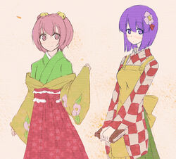  2girls apron bell book commentary_request cosplay costume_switch hair_bell hair_ornament hieda_no_akyuu hieda_no_akyuu_(cosplay) japanese_clothes kimono kionaisiteru motoori_kosuzu motoori_kosuzu_(cosplay) multiple_girls purple_eyes purple_hair red_eyes red_hair touhou two_side_up 