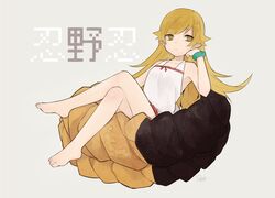  angel_french bad_id bad_pixiv_id bangle barefoot blonde_hair bracelet character_name collarbone commentary_request crossed_legs doughnut dress female food french_cruller grey_background head_rest jewelry long_hair long_legs monogatari_(series) oshino_shinobu oversized_food oversized_object pointy_ears sitting solo tkg_(4_nm) white_dress yellow_eyes 