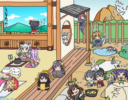  6+girls ahoge animal_ears architecture banba_(oshiro_project) bichu_takamatsu_(oshiro_project) bush chibi commentary_request east_asian_architecture fukuoka_(oshiro_project) inabayama_(oshiro_project) kinoshita_haruka komakiyama_(oshiro_project) long_hair miki_(oshiro_project) minakuchi_(oshiro_project) mito_(oshiro_project) morioka_(oshiro_project) mountain multiple_girls neko_atsume nikki_yakata_(oshiro_project) okayama_(oshiro_project) osaka_(oshiro_project) oshi_(oshiro_project) oshiro_project:re parody photoshop_(medium) pond ponytail rabbit_ears rock shikano_(oshiro_project) short_hair taga_(oshiro_project) tamonyama_(oshiro_project) tottori_(oshiro_project) twintails twitter_username 