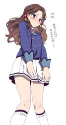  3: aikatsu! aikatsu!_(series) blush braid brown_hair covering_crotch covering_privates female flying_sweatdrops fujiwara_miyabi_(aikatsu!) half_updo mattaku_mousuke photoshop_(medium) school_uniform simple_background skirt skirt_tug solo starlight_academy_school_uniform translated white_background 