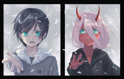  1boy bangs black_hair black_robe chu_dengdeng coat darling_in_the_franxx female female fur-trimmed_coat fur_trim green_eyes hair_between_eyes high_resolution hiro_(darling_in_the_franxx) horns hylx1996130 long_hair male pink_hair red_skin robe short_hair snow snowing standing very_high_resolution winter_coat zero_two_(darling_in_the_franxx) 