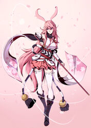  absurdres animal_ears arm_warmers blue_eyes chinese_commentary commentary detached_sleeves female fox_ears fox_mask full_body fuuko_chan gradient_background hair_between_eyes highres holding holding_sword holding_weapon honkai_(series) honkai_impact_3rd japanese_clothes katana long_hair mask miko photoshop_(medium) pink_hair ribbon-trimmed_legwear ribbon_trim sheath solo sword thighhighs unsheathing very_long_hair weapon yae_sakura yae_sakura_(gyakushinn_miko) 