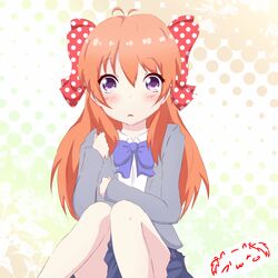  ahoge blush bow bowtie collared_shirt commentary_request female gekkan_shoujo_nozaki-kun hair_ribbon hairbow knees_together_feet_apart long_hair no_legwear open_mouth orange_hair polka_dot polka_dot_bow purple_eyes ribbon rouman_academy_school_uniform sakura_chiyo school_uniform shirt skirt sleeves_past_wrists solo yasai_yuuki 