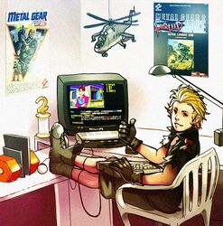  1980s_(style) 1boy aircraft black_gloves blonde_hair blue_eyes box_art chair christian_bale creator_connection desk_lamp eli_(metal_gear) feet_on_table fourth_wall gloves helicopter lamp liquid_snake lolicon mecha meme metal_gear_(robot) metal_gear_(series) metal_gear_1 metal_gear_2 metal_gear_d metal_gear_solid_v:_the_phantom_pain mi-24 microcomputer mika_slayton military military_vehicle msx non-humanoid_robot parody pixelated playing_games poster_(object) promotional_art real_life real_life_insert retro_artstyle robot science_fiction shorts sitting snatcher solid_snake solo spoilers thumbs_up trophy tx-55_metal_gear vandalized video_game voodoothur walker_(robot) when_you_see_it 