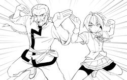  1boy bad_id bad_twitter_id braid facial_hair female g_gundam gloves greyscale gundam ikeshita_moyuko kantai_collection master_asia monochrome moustache ponytail school_uniform shiranui_(kancolle) short_hair 