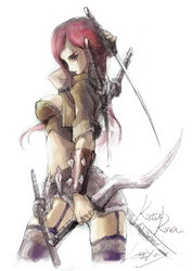  breasts character_name chinese_commentary commentary dated female garter_belt green_eyes highres katana katarina_(league_of_legends) knife large_breasts league_of_legends loiza long_hair photoshop_(medium) red_hair scar short_shorts shorts signature simple_background solo sword very_long_hair weapon white_background 