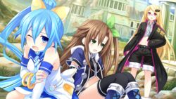  3girls blonde_hair blue_eyes blue_hair blush boots bow bracelet brown_hair choujigen_taisen_neptune_vs_sega_hard_girls coat detached_sleeves dutch_angle game_cg glasses green_eyes hair_between_eyes hair_ornament hairbow highres if_(neptunia) jewelry long_hair multiple_girls neptune_(series) official_art one_eye_closed one_side_up open_mouth ponytail red_eyes ribbon sega_hard_girls sega_hatsumi sega_mega_drive_(sega_hard_girls) shorts sitting tears thighhighs tsunako 