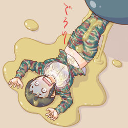  absurdres amakasu_hisone black_hair camouflage commentary_request female highres hisone_to_masotan lying masotan military military_uniform on_back on_floor photoshop_(medium) short_hair simple_background slime_(substance) turn_pale uniform vomit wet wet_clothes yosiyuki_yosizou 