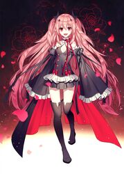  bare_shoulders black_footwear black_thighhighs boots breasts cleavage commentary_request detached_sleeves dress female highres krul_tepes long_hair owari_no_seraph pink_hair pointy_ears red_eyes small_breasts smile solo srb7606 thigh_boots thighhighs vampire very_long_hair 