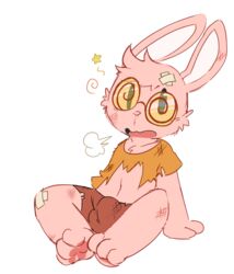  2015 anthro bandage biped bottomwear bulge bullying cheek_tuft clothed clothing eyewear facial_tuft fur glasses head_tuft hindpaw lagomorph leporid male mammal oob open_mouth pawpads paws pink_body pink_fur rabbit shirt shorts sigh simple_background sitting solo star tongue topwear torn_clothing tuft white_background white_body white_fur young young_anthro young_male 