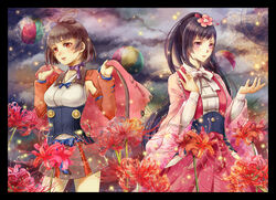  2girls ayame_(kabaneri) choker corset flowers japanese_clothes koutetsujou_no_kabaneri long_hair mumei_(kabaneri) short_hair youhe 