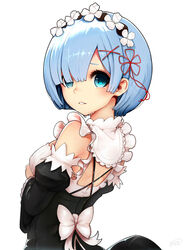  artist_name bare_shoulders blue_eyes blue_hair blush bow breasts commentary crying crying_with_eyes_open detached_sleeves female frilled_sleeves frills from_behind hair_ornament hair_over_one_eye hair_ribbon hand_up highres kiyomasa_ren looking_at_viewer looking_back maid maid_headdress medium_breasts parted_lips pink_lips pink_ribbon re:zero_kara_hajimeru_isekai_seikatsu rem_(re:zero) ribbon roswaal_mansion_maid_uniform short_hair simple_background solo streaming_tears tareme tears upper_body white_background white_bow x_hair_ornament 