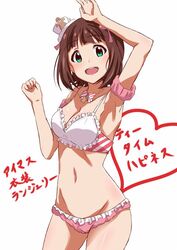  adapted_costume amami_haruka bad_id bad_twitter_id bra breasts brown_hair dars_(recolors) female green_eyes hair_ribbon idolmaster idolmaster_(classic) looking_at_viewer medium_breasts open_mouth panties ribbon short_hair smile solo teatime_happiness_(idolmaster) translation_request underwear underwear_only 