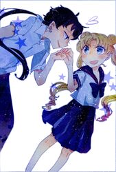  2girls bad_id bad_pixiv_id bishoujo_senshi_sailor_moon bishoujo_senshi_sailor_moon_stars black_hair blonde_hair blue_bow blue_sailor_collar blue_skirt blush bow commentary_request half-closed_eyes hand_grab holding_hands juuban_high_school_uniform kissing kissing_hand long_hair multiple_girls nega pleated_skirt ponytail sailor_collar school_uniform seiya_kou serafuku skirt star_(symbol) tsukino_usagi twintails 