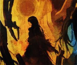  absurdres black_hair dress female highres huke long_hair mecha original parted_lips profile robot rubble scan science_fiction solo supercell_(band) yellow_theme 