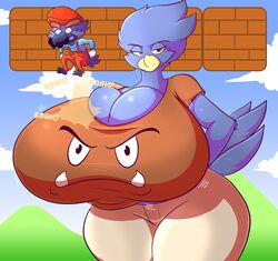  2015 anthro avian beak big_breasts bird breasts bulging_breasts busty_bird cleavage clothed clothing corvid corvus_(genus) cosplay crow duo female goomba huge_breasts humor hyper hyper_breasts jaeh jumping male mario mario_bros nintendo non-mammal_breasts oscine passerine unimpressed 