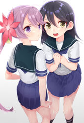  2girls :d akebono_(kancolle) bell black_hair brown_eyes commentary_request etsuo flower hair_bell hair_flower hair_ornament jingle_bell kantai_collection long_hair multiple_girls open_mouth purple_eyes purple_hair school_uniform serafuku side_ponytail skirt smile ushio_(kancolle) 