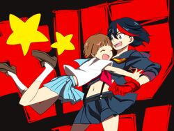  2girls bad_id bad_pixiv_id blue_eyes blue_skirt closed_eyes glomp gloves hug iwashi_(msr_rgb) kill_la_kill mankanshoku_mako matoi_ryuuko midriff multicolored_hair multiple_girls navel school_uniform senketsu serafuku short_hair skirt smile star_(symbol) streaked_hair suspenders 