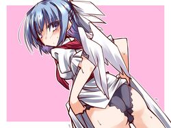  angel_wings ass bandana black_panties blue_eyes blue_hair blush clenched_butt clothes_lift commentary_request dress dress_lift female head_wings hemogurobin_a1c mai_(touhou) panties pantyshot sash short_hair solo sweat touhou touhou_(pc-98) underwear wings 