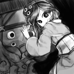  1other androgynous anmita_(rarutos) bad_id bad_link bad_twitter_id brilliant_pagoda_or_haze_castle empty_eyes evil_smile extra_eyes greyscale hair_ornament japanese_clothes kimono len&#039;en looking_back mirror mitsumo monochrome other_focus possessed short_hair shouyoukyou smile source_request terumi_(len&#039;en) traditional_youkai 