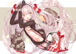  absurdly_long_hair amatsukaze_(kancolle) black_panties blush brown_eyes commentary_request dress female garter_straps gloves hair_tubes highres kantai_collection leung_ka_che long_hair navel open_clothes open_mouth panties rensouhou-kun sailor_dress short_dress side-tie_panties solo striped_clothes striped_thighhighs thighhighs two_side_up underwear very_long_hair white_hair 