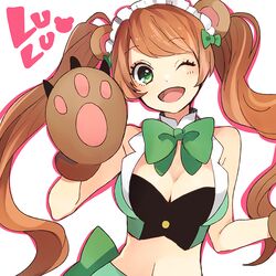  ;d animal_ears animal_hands bear_ears bear_girl bear_paws blush bow breasts brown_hair character_name cleavage commentary_request female gloves green_bow green_eyes hairbow large_breasts long_hair looking_at_viewer maid_headdress midriff one_eye_closed open_mouth paw_gloves smile solo tama_(songe) twintails very_long_hair yuri_kuma_arashi yurigasaki_lulu 