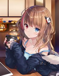  artist_name bare_shoulders blue_camisole blue_eyes blue_jacket blush breasts brown_hair camisole cleavage collarbone commentary_request cup female fur-trimmed_jacket fur_trim hair_between_eyes hair_ornament heterochromia hitsukuya holding holding_cup jacket long_hair long_sleeves looking_at_viewer looking_to_the_side mug multicolored_hair off_shoulder original outdoors penguin_hair_ornament print_mug red_eyes red_hair signature sleeves_past_wrists small_breasts snow solo streaked_hair themed_object upper_body white_hair 