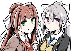  1boy 2girls brown_hair crossover doki_doki_literature_club eyes_visible_through_hair green_eyes grey_hair hair_between_eyes hair_ornament hair_ribbon hairclip hairstyle_connection highres higuchi_kaede higuchi_kaede_(1st_costume) kenmochi_touya logo long_hair look-alike looking_at_viewer mole mole_under_eye monika_(doki_doki_literature_club) multiple_girls necktie nijisanji pen ponytail purple_eyes ribbon sakeno_rarukan school_uniform smile upper_body virtual_youtuber white_ribbon 