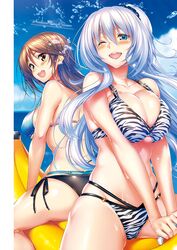  2girls amakano_~second_season~ animal_print back-to-back banana_boat bikini blue_eyes brown_hair copyright_name day hair_ornament hair_scrunchie highres hug ichinose_honami_(amakano) inflatable_toy layered_bikini long_hair looking_at_viewer multiple_girls official_art one_eye_closed one_side_up open_mouth outdoors piromizu riding scrunchie side-tie_bikini_bottom splashing suzurikawa_euphrasie_ruika swimsuit teeth upper_teeth_only weapon white_hair yellow_eyes zebra_print 