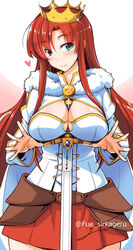  aqua_eyes between_breasts boudica_(fate) boudica_(third_ascension)_(fate) breasts cleavage cleavage_cutout clothing_cutout commentary_request corset crown fate/grand_order fate_(series) female fue_(rhomphair) green_eyes juliet_sleeves large_breasts long_hair long_sleeves puffy_sleeves red_hair shrug_(clothing) smile solo sword weapon 