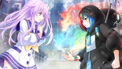  2girls blue_hair blush bracelet choujigen_taisen_neptune_vs_sega_hard_girls d-pad d-pad_hair_ornament fire from_side game_cg green_hair hair_ornament highres hood jewelry long_hair magic multicolored_hair multiple_girls nepgear neptune_(series) official_art purple_eyes purple_hair red_eyes red_hair sega_game_gear_(sega_hard_girls) sega_hard_girls tsunako 