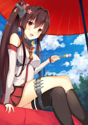  :d asymmetrical_legwear bare_shoulders blue_sky breasts brown_eyes brown_hair cherry_blossoms commentary_request dango day detached_sleeves female flower food hair_flower hair_ornament hatsu_(first_snow) headgear kantai_collection kneehighs long_hair looking_at_viewer medium_breasts oil-paper_umbrella open_mouth pleated_skirt ponytail red_skirt red_umbrella sanshoku_dango single_kneehigh single_sock single_thighhigh sitting skirt sky smile socks solo thighhighs type_91_armor-piercing_shell umbrella uneven_legwear wagashi yamato_(kancolle) 