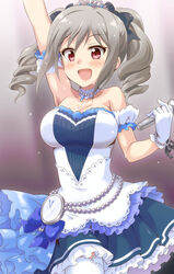  :d arms_up blush breasts cleavage commentary_request detached_sleeves dress drill_hair female gloves grey_hair idolmaster idolmaster_cinderella_girls idolmaster_cinderella_girls_starlight_stage kanzaki_ranko large_breasts long_hair microphone open_mouth pendant_watch photoshop_(medium) red_eyes smile solo starry_sky_bright_(idolmaster) strapless strapless_dress thighhighs tiara uraichishi watch white_gloves white_thighhighs 