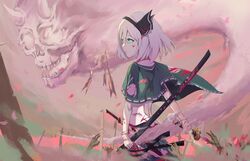  adapted_costume arrow_(projectile) bad_id bad_pixiv_id battlefield black_bow black_hairband blood blood_on_clothes blood_on_face bob_cut bow capelet closed_mouth female green_eyes green_skirt hairband highres hitodama hitodama_print holding holding_sword holding_weapon horns katana konpaku_youmu oni_horns petals rotarran scabbard serious sheath short_hair skirt skull solo sword touhou wakizashi weapon white_hair 