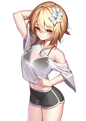  absurdres arm_behind_head bare_shoulders black_bra black_shorts blonde_hair bra bra_strap breasts casual closed_mouth collarbone cowboy_shot crop_top crop_top_overhang dolphin_shorts female flower from_above genshin_impact hair_between_eyes hair_flower hair_ornament highres iznal looking_at_viewer lumine_(genshin_impact) medium_breasts medium_hair midriff navel off-shoulder_shirt off_shoulder see-through see-through_silhouette shirt short_shorts short_sleeves shorts sidelocks simple_background solo swept_bangs thighs tsurime underwear upturned_eyes wet wet_clothes wet_shirt white_background white_shirt wide_sleeves yellow_eyes 