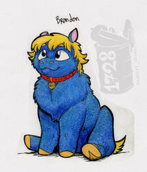  2023 black_eyes blonde_mane blue_body blue_fur brandon_(ed_mortis) character_name collar colored_pencil_(artwork) ed_mortis feral fluffy_pony fluffy_pony_(species) front_view full-length_portrait fur hooves looking_up male mammal mane no_pupils pen_(artwork) pink_inner_ear portrait red_collar shaded simple_background sitting smile solo tail traditional_media_(artwork) underhoof unguligrade watermark white_background yellow_hooves yellow_tail 