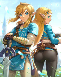  ass blonde_hair blue_eyes blush breasts breath_of_the_wild clothed clothing day duo female fingerless_gloves flower gloves gonzarez1938 grass green_eyes hair handwear hi_res humanoid humanoid_pointy_ears hylian link looking_at_viewer looking_back male master_sword melee_weapon nintendo not_furry panty_lines plant pose princess_zelda rear_view sheikah_slate smile sword tablet_computer the_legend_of_zelda weapon 