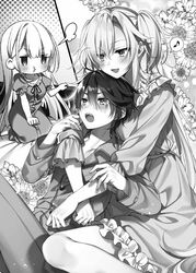  1boy 2girls closed_mouth collar collarbone dress frilled_collar frilled_dress frills greyscale highres hug kneeling leg_up leonis_death_magnus long_dress long_hair long_sleeves looking_at_another mini_person monochrome multiple_girls novel_illustration official_art open_mouth parted_bangs pout puffy_short_sleeves puffy_sleeves regina_mercedes ribbon riselia_ray_crystalia seiken_gakuin_no_maken_tsukai short_sleeves sitting smile teeth toosaka_asagi two_side_up upper_teeth_only 