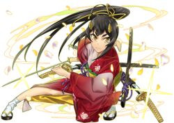  alpha_transparency female fighting_stance flip-flops floral_print geta glint hair_ribbon horns japanese_clothes katana kimono long_hair looking_at_viewer multiple_swords multiple_weapons obi official_art oni outline petals print_kimono purasu_no_konbu red_kimono ribbon sandals sash serious solo suzuka_(housamo) sword tabi thick_eyebrows third-party_source tokyo_afterschool_summoners transparent_background weapon yellow_eyes yellow_horns yellow_outline zouri 