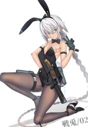  animal_ears ayaki black_footwear black_pantyhose blush bow bowtie braid breasts bullpup female full_body gloves grey_eyes grin gun hair_between_eyes high_heels holding holding_gun holding_weapon long_hair on_one_knee original p90 pantyhose playboy_bunny rabbit_ears ribs signature skinny smile smoke solo submachine_gun tactical_playboy_bunny thighs very_long_hair weapon white_background white_hair 