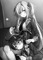  1boy ahoge blush bow breasts closed_mouth collared_shirt excalibur_academy_uniform female greyscale hair_between_eyes hairbow highres holding leonis_death_magnus long_hair long_sleeves looking_at_viewer lying_on_person medium_breasts monochrome necktie novel_illustration official_art regina_mercedes school_uniform seiken_gakuin_no_maken_tsukai shirt short_hair sidelocks single_strap sitting smile striped striped_bow thigh_strap thighs toosaka_asagi two_side_up 