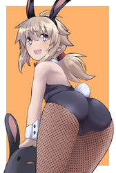  :d animal animal_ears antenna_hair arm_support ass bare_shoulders bird black_hairband black_leotard brown_hair brown_pantyhose commentary_request fake_animal_ears female fishnet_pantyhose fishnets from_behind green_eyes hair_between_eyes hairband highres hijikata-san_(m.m) koshirae_tsurugi_(m.m) leotard long_hair looking_at_viewer looking_back low_ponytail m.m orange_background original pantyhose penguin playboy_bunny ponytail rabbit_ears rabbit_tail smile strapless strapless_leotard tail two-tone_background white_background wrist_cuffs 