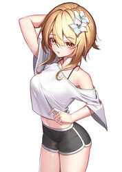  absurdres arm_behind_head bare_shoulders black_shorts blonde_hair bra_strap breasts casual collarbone cowboy_shot crop_top crop_top_overhang dolphin_shorts female flower from_above genshin_impact hair_between_eyes hair_flower hair_ornament highres iznal looking_at_viewer lumine_(genshin_impact) medium_breasts medium_hair midriff navel off-shoulder_shirt off_shoulder open_mouth see-through_silhouette shirt short_shorts short_sleeves shorts sidelocks simple_background solo swept_bangs thighs tsurime upturned_eyes white_background white_shirt wide_sleeves yellow_eyes 